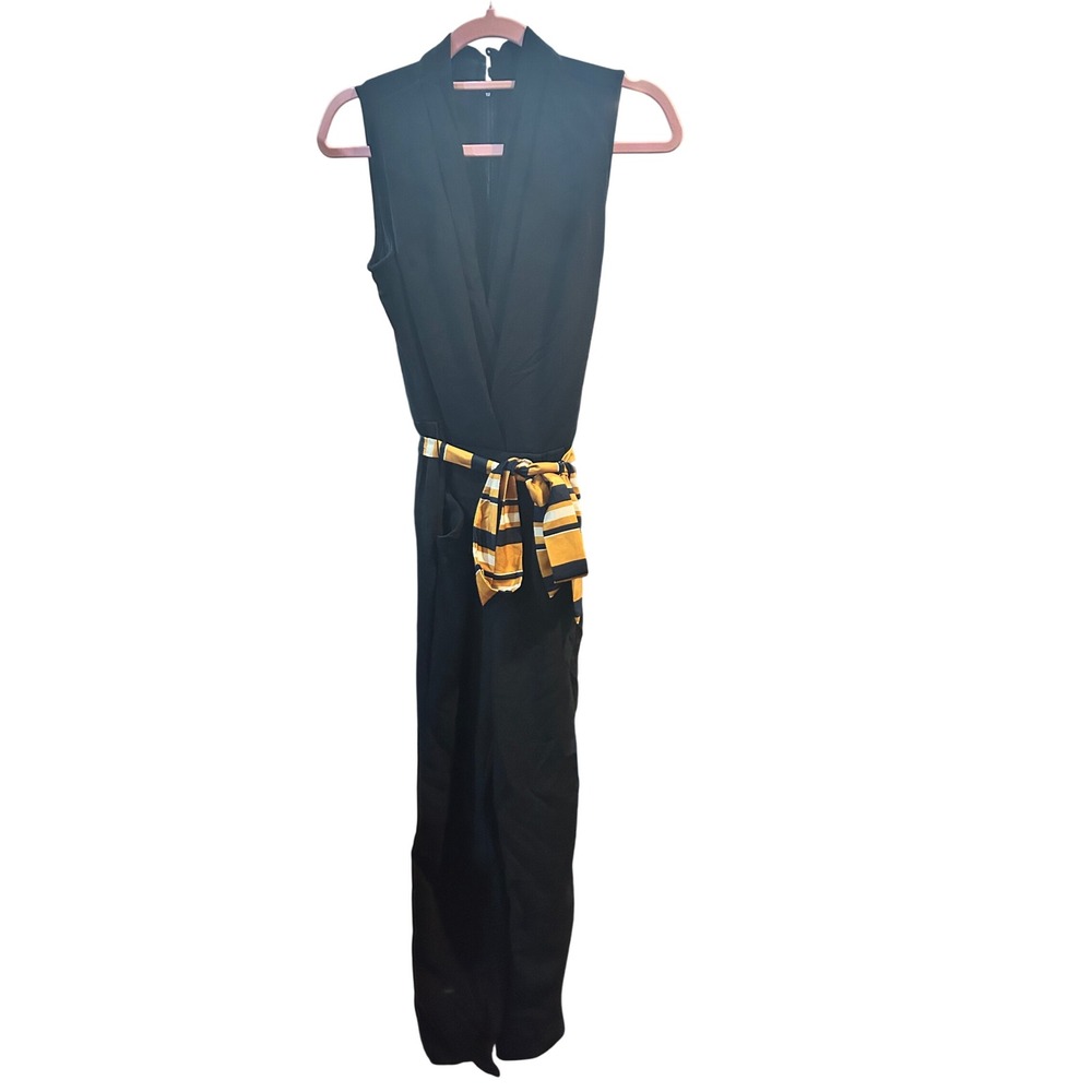 Worthington Jumpsuit Women Size 8 Black Good Wide Leg Tie Waist‎ Sleeveless